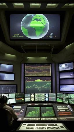 Inside a spaceship control room a monkeys pilot sitting on the control of big screen showing plant earth very close