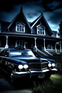 gothic paranormal haunted hause police car in front of the house