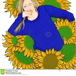 Illustration of a girl with blonde straight hair and blue eyes dress with black pants and blu sweater, sitting on a gigant sunflower