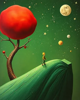 The little prince, real art. Surrealism in the style of green and red, Alex Andreev, organic biomorphism, Rene Magritte style, Sandy Skoglund style, the combination of real and surreal person