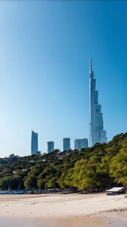 A long, sweeping Sandy Bay With sci-fi skyscrapers Along The Shoreline, with dense trees