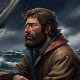 The lanky brown haired bearded deckhand "Simon" looking out at a stormy sea realistic grimdark