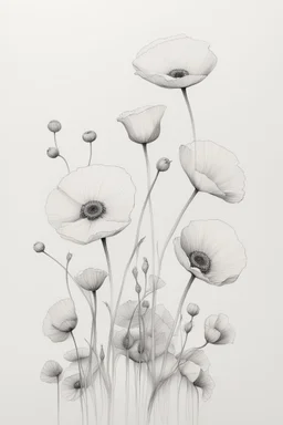 A white butterfly Minimalist white ink pencil and white drawing of white poppies in a white background
