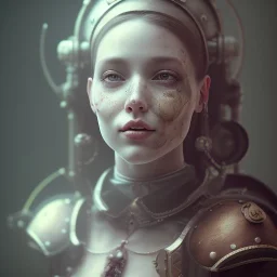 a cute smiling girl in medieval armor with a tattoo in her face, michelangelo style, steam punk, scary, horror, realistic, made in octane, cinematic, ultra-realistic, extremely detailed octane rendering, 8K, VRAY Super Real ar 2:3, dof photorealistic futuristic 50mm lens hard lighting dark gray tintype photograph, realistic lighting, sephia colors