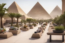 tourist walkway with the pyramids, including modern seating areas with planters and bazaars.