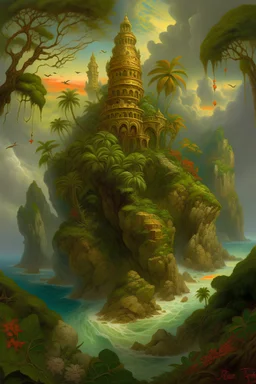 intricate details greg rutkowski style tom Asher Brown Durand style style fantasy tropical island