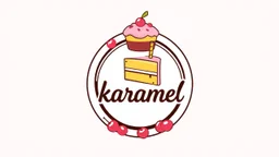 A round logo with a black and pink border named (karamel) designed for a sweet shop with a golden cherry and pink theme and a big birthday cake and some cherries hanging from the side of the logo on a white and pink background.