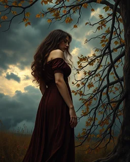 Bosch painting style, nightmare , a beautiful woman standing by the tree branches and leaves, great quality picture with cinematic scenes , heavy clouds in the background