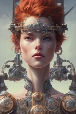 portrait, beautiful stunning clockpunk warrior lady and goddess, red short hair, ice eyes, fantasy atmosphere, styled by Corrado Vanelli, Norman Rockwell, Boris Vallejo super detailed, Studio Ghibli, Anime Key Visual, by Makoto Shinkai, Deep Color, Intricate, 8k resolution concept art, Natural Lighting, Beautiful Composition