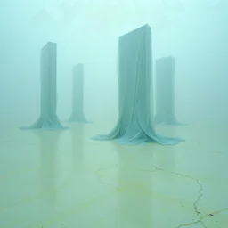 Fotografia di una superficie piatta di colore azzurro chiaro e giallo pastello, su cui si ergono surreali strutture di forma astratta, ricoperte da materiale plastico, che scende a terra. Yves Tanguy. Nebbia, oscurità, paranoic, obsessive, nightmare, notte, glossy, surreal, hasselblad h6d400c --ar 85:128 --v 6.