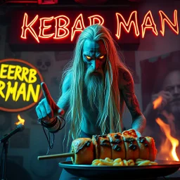 a very thin swedish viking man, evil with very long blonde hair (2 meter), (fat glowing eyes), he is called "KEBAB MAN" performing at death metal club, his name is "KEBAB MAN" kebab rolls On stage, kebab Neon lights and smog, and "KEBAB MAN" big sign on the wall, kebab tribal tattooes, spinning kebab machines, flames and smoke, chaos, he using gasolin and pour it on the kebab on the stage, pointing middle finger