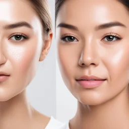Generate three essence cream marketing images using a left-right split-screen design. The left side shows the facial condition before using the essence cream, the right side shows the effect after using it, and the essence cream jar is placed below the center dividing line. The three images respectively show the same woman's skin changes before and after use at ages 20, 30, and 40.