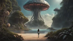 detailed matte painting of a wide-angle shot of a woman standing on the right-hand side of an alien beach, with dark hair in a silver robotic catsuit, many floating mushroom with jellyfish tentacles, alien jungle trees in the distance, deep colour