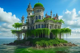 A futuristic ruined gothic building on an island floating over the sea with balconies, verandas, many arches, bridges, spires, paths, trees, dense foliage, spanish moss, ivy, blue sky, white clouds