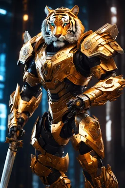 Humanoid Tiger mechanical robo warrior character, anthropomorphic figure, wearing futuristic mecha warrior armor and weapons, reflection mapping, realistic figure, hyperdetailed, cinematic lighting photography, 32k uhd with a golden staff, red lighting on suit