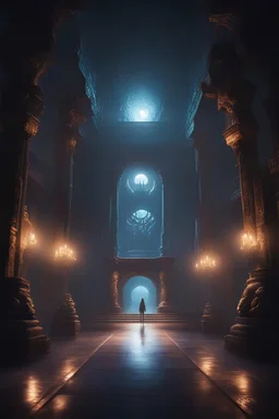 Inside the dark palace at night, where there are bright lights around and two monsters on the left and right