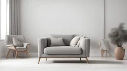 Scandinavian living room with gray armchair on empty white wall background. 3d rendering