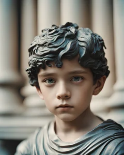 analog film, close up portrait, cinematic, a boy pretending to be a classical statue