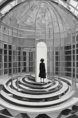 Felice Casorati, David A. Hardy, M C Escher, Surreal, mysterious, bizarre, fantastical, fantasy, Sci-fi, Japanese anime, geodesic dome blueprints and architecture, glass, perspective and cross-sectional views, perspective, miniskirt beautiful girl researcher, perfect voluminous body, detailed masterpiece