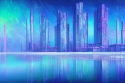 Futuristic cyberpunk buildings, frozen lake, impressionism painting