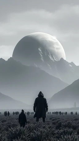 A field of random people at the end of the picture gray background an giant dark shadow of a hooded figure standing in under blurry gray planet , a huge mountains in the background cinematic, 8k