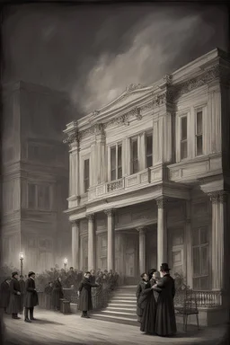 Create an atmospheric depiction of Ford's Theatre in Washington, D.C., on the evening of April 14, 1865. Capture the historical ambiance and the anticipation of the audience as they gather for the play "Our American Cousin