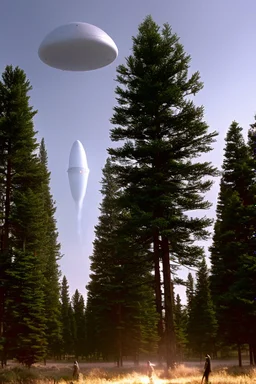 year is 1966 (a bunch of school kids) see ufo flying over tall pine trees, concept art, by Asaf Hanuka, by Weta Digital, Electric Colors, Screen Space Global Illumination, in a symbolic and meaningful style,
