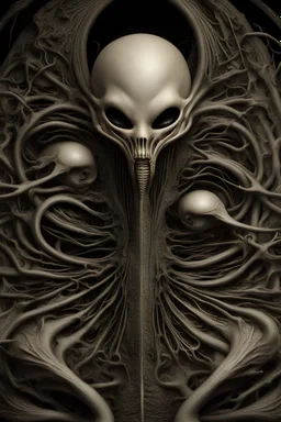 unfolds face flaps, uses thrashing cilia-laden tongue to ululate and trill the heretical song that begins the great undoing of the universe; neo-surrealism; Giger.