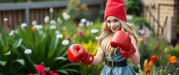 totally symmetric gnome nice cheerleader in garden doing her thing full body portrait, boxing gloves