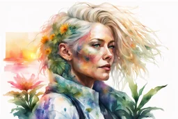 white background, cyberpunk, watercolor, Woman 48 years old, blonde, portrait painting, acrylic, summer sunset, plant hair, flower clothes, double exposure, fine rendering, high detail, high resolution, 8K