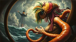 master oil painting by Rembrandt, roller coaster hypno psycho alien squid with rasta wig breast feeding with some bad ass power off shore oil platform cyber punk people experiencing gravity at its worst, pin hole cam, twisted perspective, goa trance music poster, awake within a dream