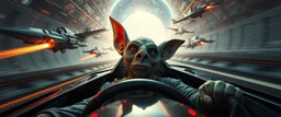 etheral astral weird perspective worried yoga vin diesel legend race car racing with huge g force against spaceships going sideways in ramp driver close up portrait of dj magic kobold gremlin farmer pilot looking down on cam, with background in the style of escher and giger, a chill contrapunctus fugue in the style of fsol, beethoven,