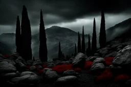 mountains, a gloomy rocky landscape, cypresses stretching up in the foreground, rocks and a bloody sky in the background