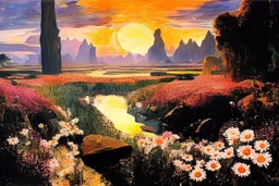 Beautiful epic sunset, logan's run 1976 movie influence, cosmic, people, rocks, holiday influence, river, flowers, very epic and philosophic, walter leistikow, alfred munnings, and hans am ende impressionism paintings