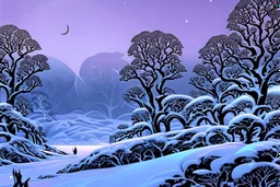 graphic drawing winter fantastical landscape, moon, round tree crowns, ice flowers, cold colors, a flat image with careful drawing and tracing of every detail, black background, cosmic bright color, folk art, Epic cinematic brilliant stunning intricate meticulously detailed dramatic atmospheric maximalist digital matte painting, perfect composition, masterpiece