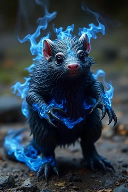 Fantasy creature made of blue fire, mole rodent, bigger