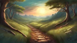illustration {a scene showing a path leading away in the wilderness} digital art, semi-realistic, fantasy, dreamscape