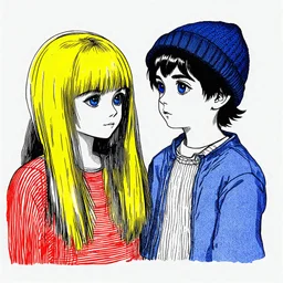Sketch of a girl with long yellow hair parted in the middle of the head and a boy with big blue eyes and black hair, a woollen hat. Listening to music. In the 70s
