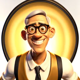 a portrait of smiling man. caricature. black rare hair. light brown skin. black eye pupils. circle eyeglasses, thin gold frame. round face shape. white shirt with black vest. pixar style. 3D. 4k. portrait. highly detailed. sharp focus. high resolution. full color. cinema lighting