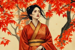 A Japanese woman in a deep rust and gold kimono walks among red and amber leaves. Her gaze is softly raised toward the trees, a quiet breath in the chill of fall. Wind sweeps around her, lifting her hair and sleeve. The entire artwork has the texture of an old ink painting — faded, cracked, warm with nostalgia. --v 7 --style raw --ar 2:3 --q 2