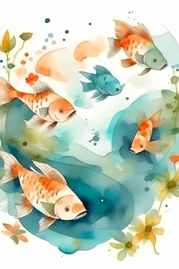 Fish in a pond, view from above, Japanese style, watercolor, realistic fish, minimalistic