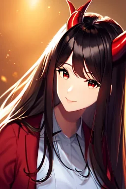 Clear focus,High resolution,High quality, Black long hair, Red eyes, Red horns, Realistic