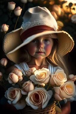 A little girl from Russia at the age of 7 years holds a lot of roses and puts them on her face, and she wears a white Bucket Hat, she puts the roses in front of her face, so her face does not appear, so her face does not appear,(Many Flowers: 1.2), Soft Light, Golden Hour, Upper Body, HDR, 8k, Natural Skin Texture, AO, Intricate, Highly Detailed, Sharp Focus, Crazy Detail, Intricate Detail, Highly Detailed ,The girl looked down