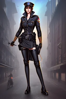 full body picture of a UK policewoman, steampunk city background