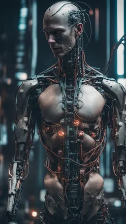 um ser humano com estrutura corporal metade humano metade robo, made with metal parts and human parts, cabos de energia, em um universo cyberpunk, estilo cyberpunk, RAW, realist phoyo, cinematografic, analogue, 8K UHD, DSLR, alta qualidade, grain of film, fujifilm XT3, arte de rutkowiski e argerm, cinema, adobe lightroom, photolab (hiper-realismo)