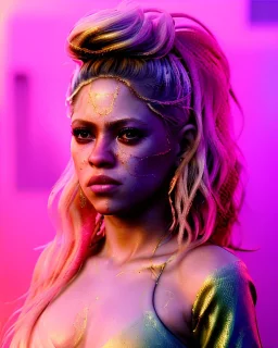 portrait, Shakira, blonde artist, angry, Realistic image, MMA robe, hoodie, mma gloves, loose long hair, eyes, makeup, gold line make up, moisture, sweat, fog, goddess, Neon colors, leds. Black background, photo studio, concept art, smooth, unreal engine 5, god lights, ray tracing, RTX, lumen lighting, ultra detail, volumetric lighting, 3d, finely drawn, high definition, 4k.