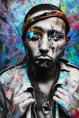 Black rapper with tear drop tattoo in face, skateboard in the hand looking sad but determined. Surrounded by an abstract backstreet graffiti vibe