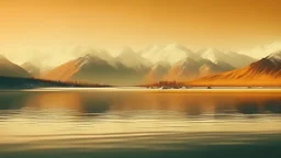 70s, A dramatic landscape with snow-capped mountains under an orange and yellow sky, reflected in a calm lake in the foreground, style photography, analog style, vintage colors, xprocess