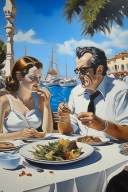 cote d'azur man and woman eating lunch painting neoclassism realistic