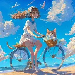 A girl is riding a bicycle on the beach. His cat is sitting in the front basket of the bicycle. Spring flowers can be seen everywhere. Beautiful blue sky with white clouds - kites in the sky. sense of peace. digital art, anime, 8k, full details